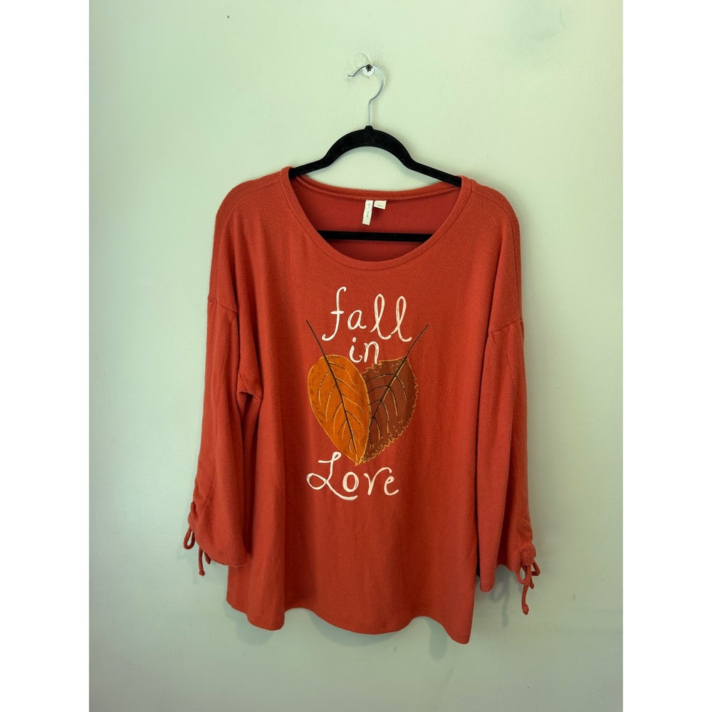 Cato Est. 1946 Women Burnt Orange Fall in Love Graphic Top Cinch Sleeve Large
